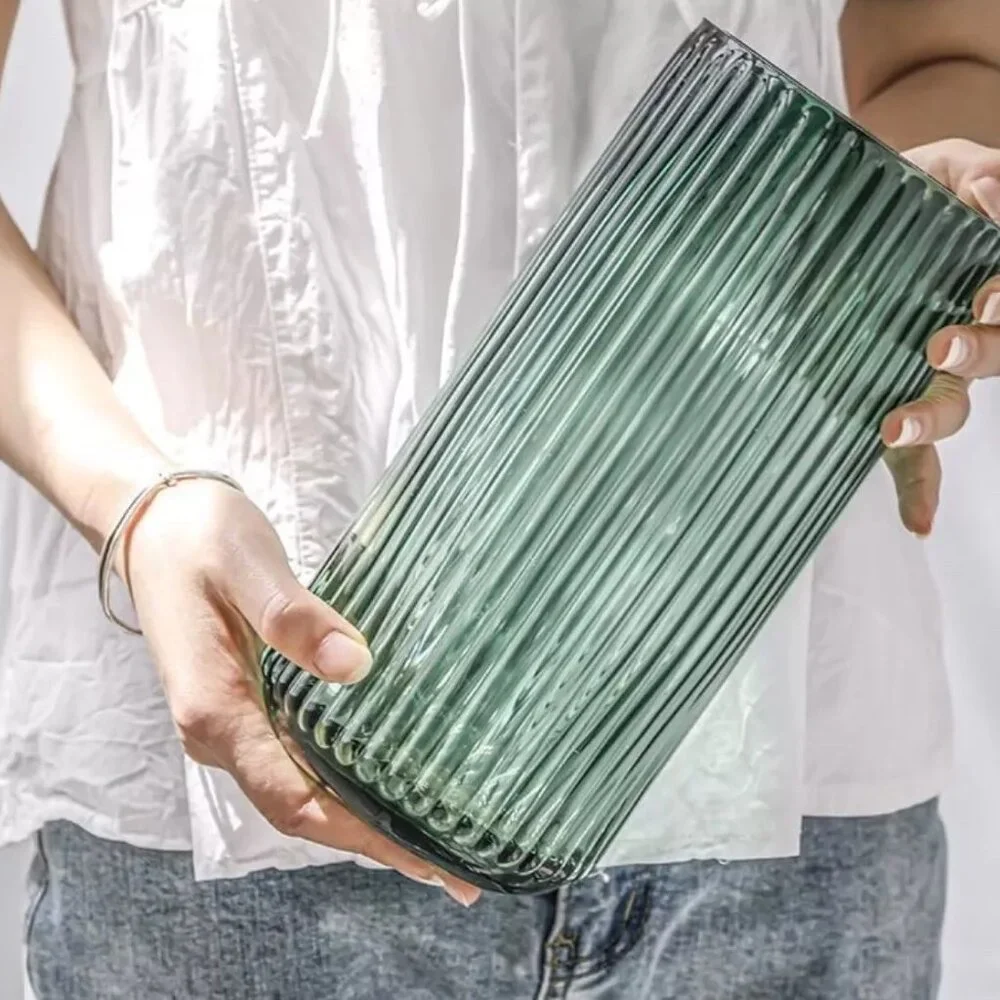 NEW West Elm Green Glass Large Boho Ribbed Cylinder Flower Vase Planter Decor